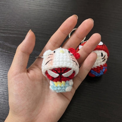 Red Gold Hero Kitty Crochet Keychain Set | Matching Couple Amigurumi Doll, Iron Style Masked Charm, Superhero Couple Gift for Her