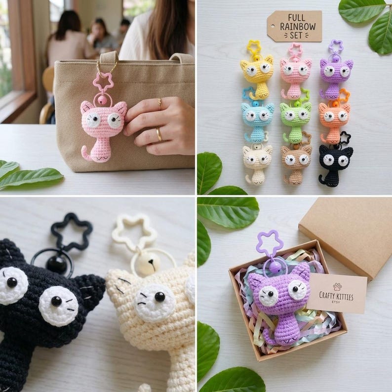 Cute Crochet Cat Keychain, Amigurumi Kitty Charm, Kawaii Cat Keyring, Handmade Animal Bag Charm, Colorful Cat Gift Idea