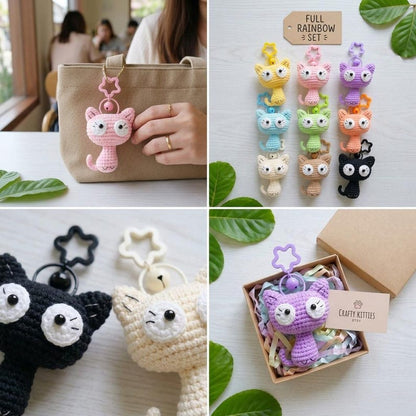 Cute Crochet Cat Keychain, Amigurumi Kitty Charm, Kawaii Cat Keyring, Handmade Animal Bag Charm, Colorful Cat Gift Idea