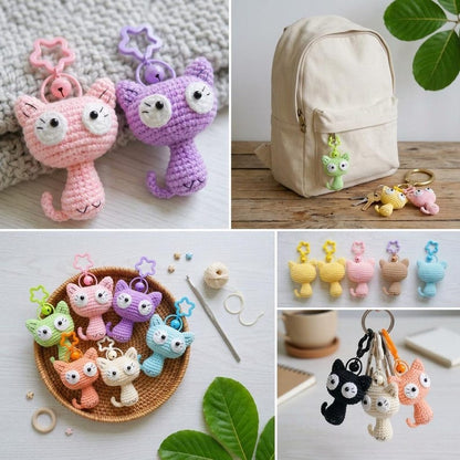 Cute Crochet Cat Keychain, Amigurumi Kitty Charm, Kawaii Cat Keyring, Handmade Animal Bag Charm, Colorful Cat Gift Idea