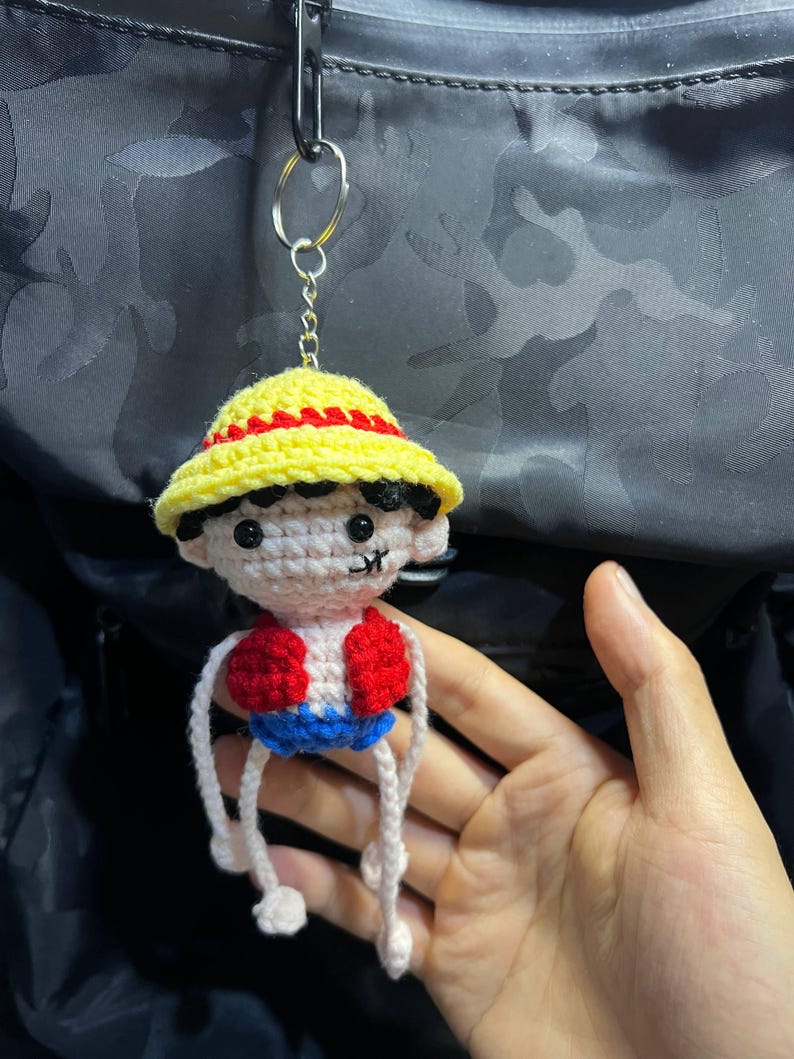 Crochet Straw Hat Pirate Keychain with Stretchy Arms | Handmade Amigurumi Bag Charm, Anime Fan Gift, Pirate Boy