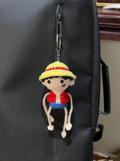 Crochet Straw Hat Pirate Keychain with Stretchy Arms | Handmade Amigurumi Bag Charm, Anime Fan Gift, Pirate Boy