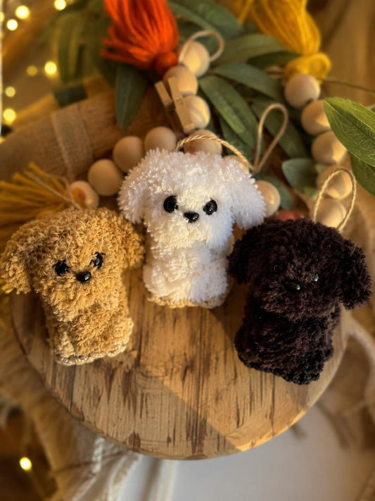 Maltipoo Car Mirror Hanger, Shih Tzu Puppy Charm, White Doodle Dog Ornament, Poodle Rear View Mirror Decor, Crochet Dog Car Accessory