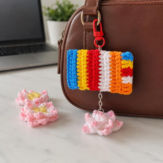 Buddhist Flag Crochet Bag Charm | Handmade Lotus Flower Keychain, Spiritual Buddhist Gift, Temple Gift, Mindfulness Bag Charm