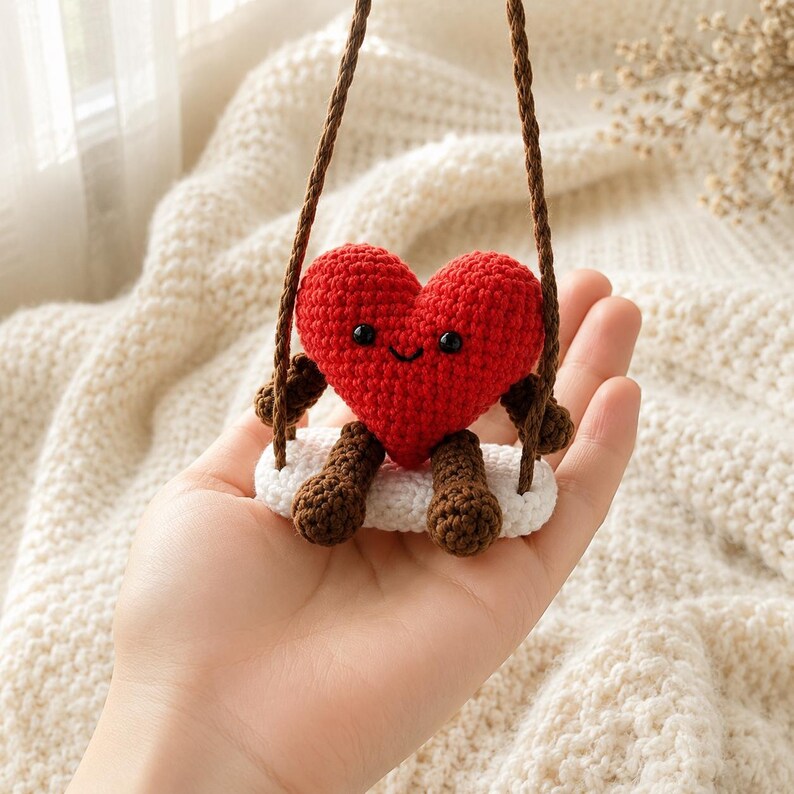 Crochet Heart Car Hanging, Handmade Amigurumi Heart Plush, Rear View Mirror Ornament, Cute Heart Decor, Romantic Gift for Her
