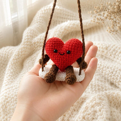 Crochet Heart Car Hanging, Handmade Amigurumi Heart Plush, Rear View Mirror Ornament, Cute Heart Decor, Romantic Gift for Her