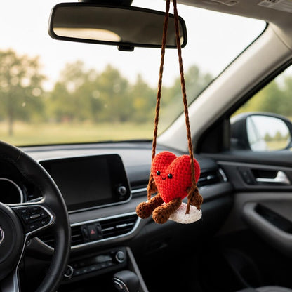 Crochet Heart Car Hanging, Handmade Amigurumi Heart Plush, Rear View Mirror Ornament, Cute Heart Decor, Romantic Gift for Her