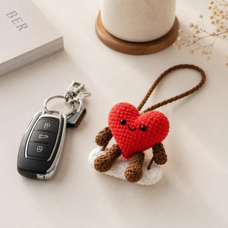Crochet Heart Car Hanging, Handmade Amigurumi Heart Plush, Rear View Mirror Ornament, Cute Heart Decor, Romantic Gift for Her