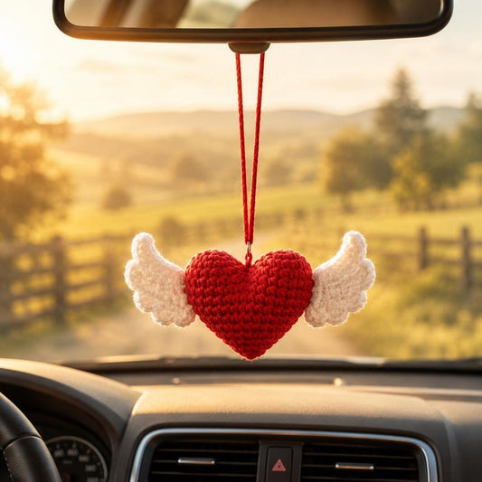 Crochet Heart Car Hanging, Handmade Amigurumi Heart Plush, Cute Rear View Mirror Charm, Kawaii Heart Decor, Birthday Gift for Her