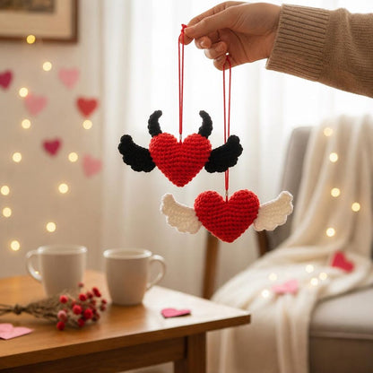 Crochet Heart Car Hanging, Handmade Amigurumi Heart Plush, Cute Rear View Mirror Charm, Kawaii Heart Decor, Birthday Gift for Her