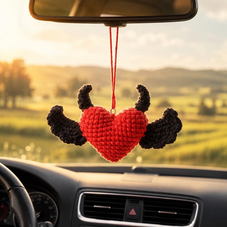 Crochet Heart Car Hanging, Handmade Amigurumi Heart Plush, Cute Rear View Mirror Charm, Kawaii Heart Decor, Birthday Gift for Her