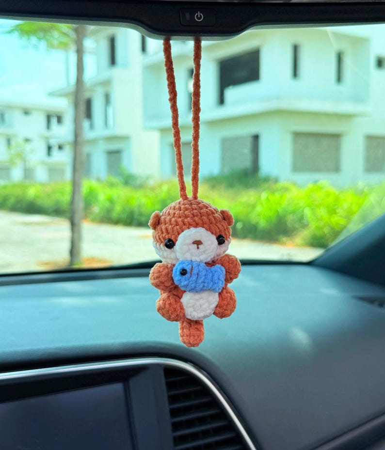 Cute Otter With Fish Car Mirror Hanging Accessories, Crochet Otter Ornaments, New Car Gift Idea, Gift For Her, Car Decorations, Car Charm