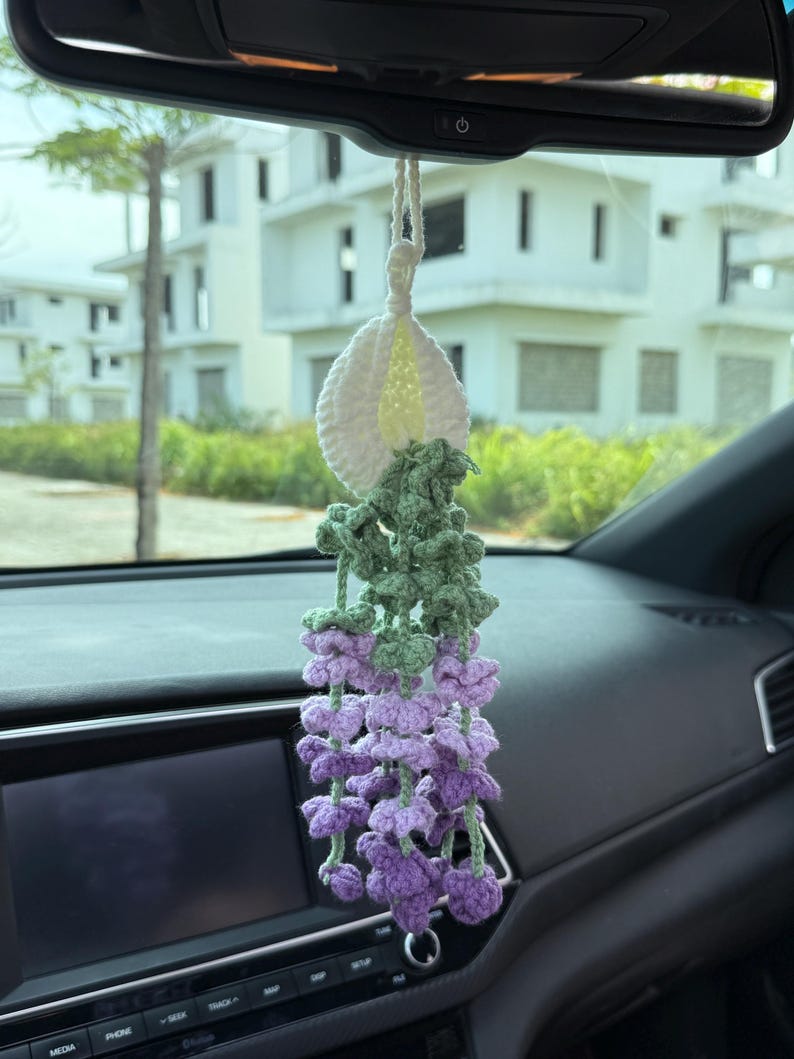 Crochet Wisteria Hanging Basket, Handmade Plant Decor, Cozy Car Hanging, Housewarming Gift, Cute Gift For Her