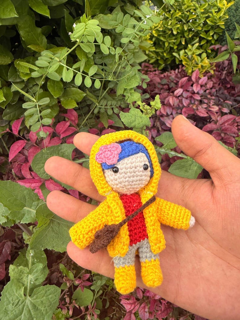 Coraline Yellow Raincoat Amigurumi Plush, Car Charm Accessory, Caroline Keychain