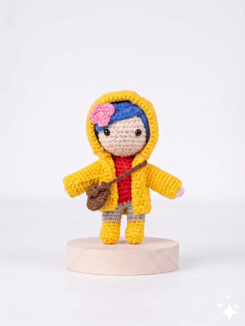 Coraline Yellow Raincoat Amigurumi Plush, Car Charm Accessory, Caroline Keychain