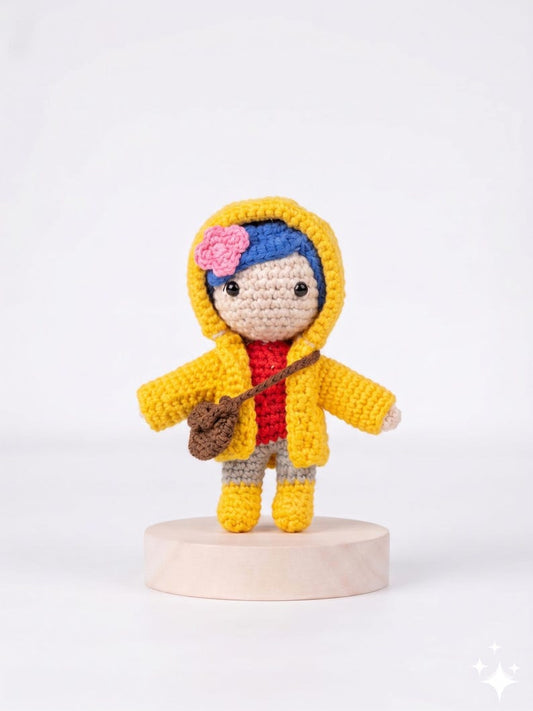 Coraline Yellow Raincoat Amigurumi Plush, Car Charm Accessory, Caroline Keychain