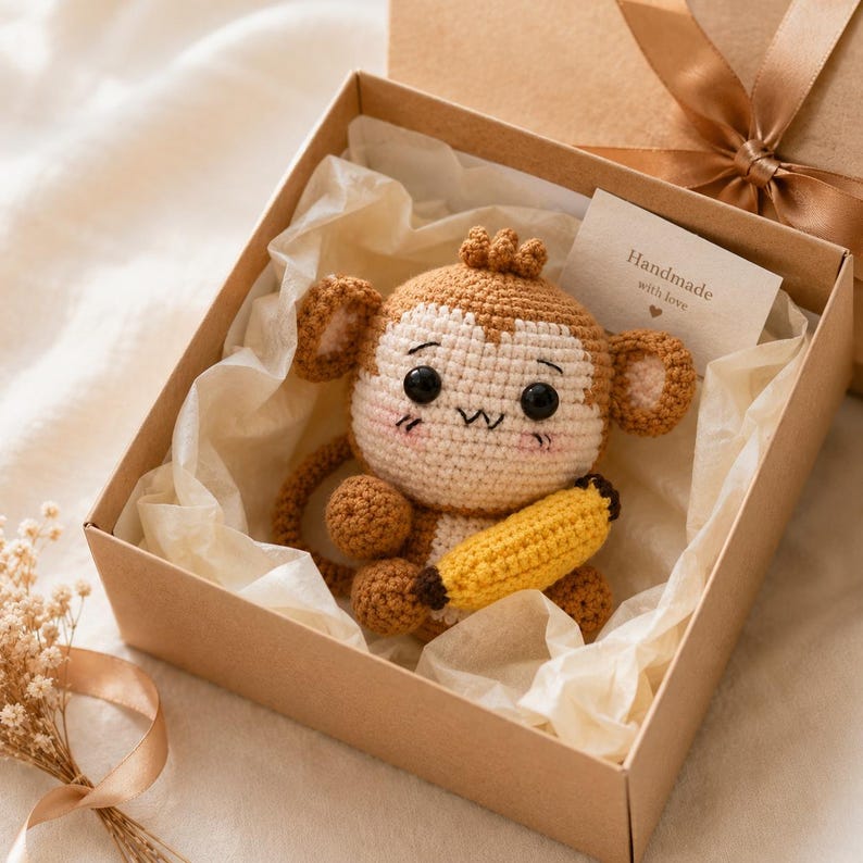 Monkey Amigurumi Crochet Toy | Handmade Banana Monkey Plush | Cute Desk Companion | Unique Gift for Friend
