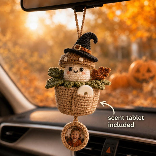 Personalized Crochet Halloween Car Hanging, Custom Photo Car Ornament, Car Air Freshener, Scent Tablet Holder, Cute Car Accessories