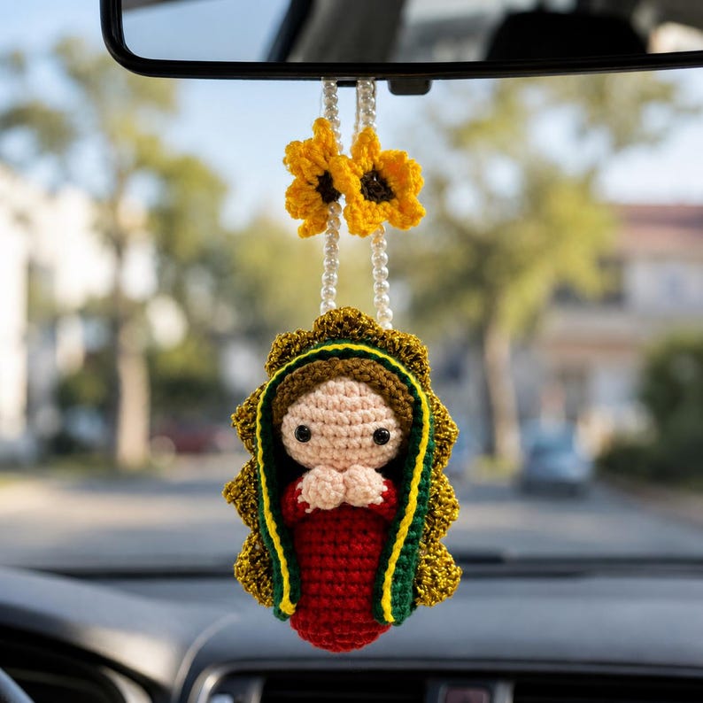 Crochet Virgin Mary Car Charm – Handmade Our Lady Rearview Mirror Ornament Catholic Decor