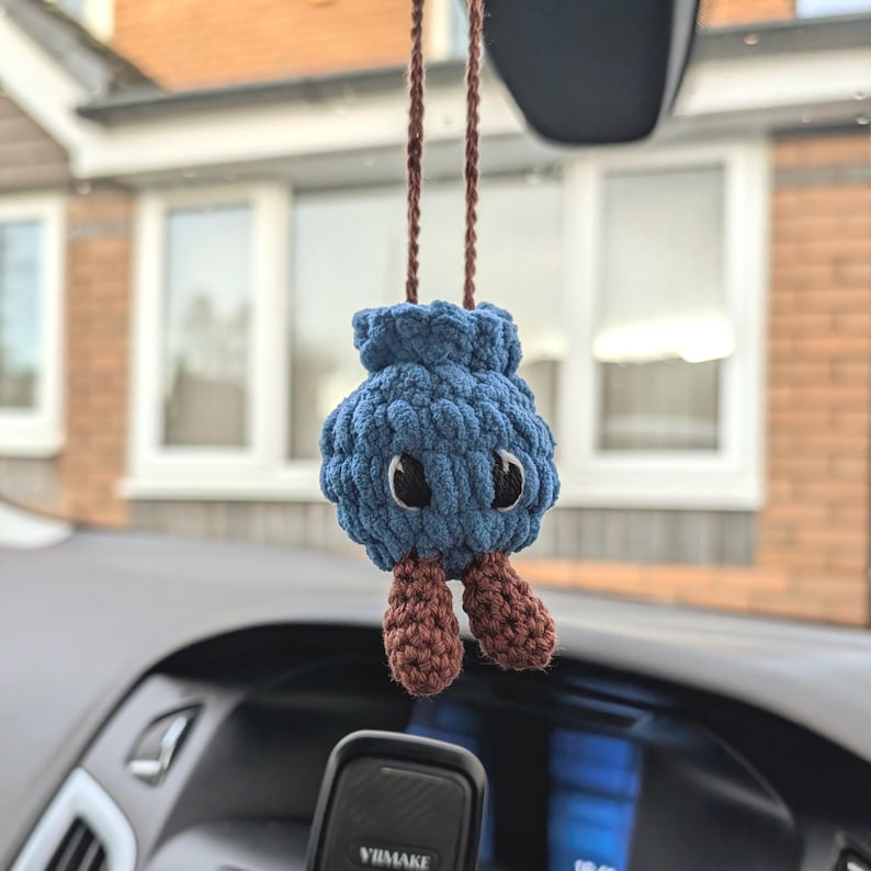 Crochet Blueberry Car Charm | Handmade Blueberry Rearview Mirror Hanger