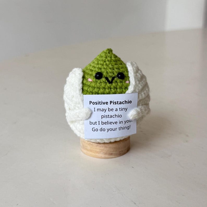 Positive Pistachio, Knitted Pistachio Toy With Positive Card, CWool Inspirational Pistachio Crochet Food Doll Cheer Up Gift, Birthday Gift