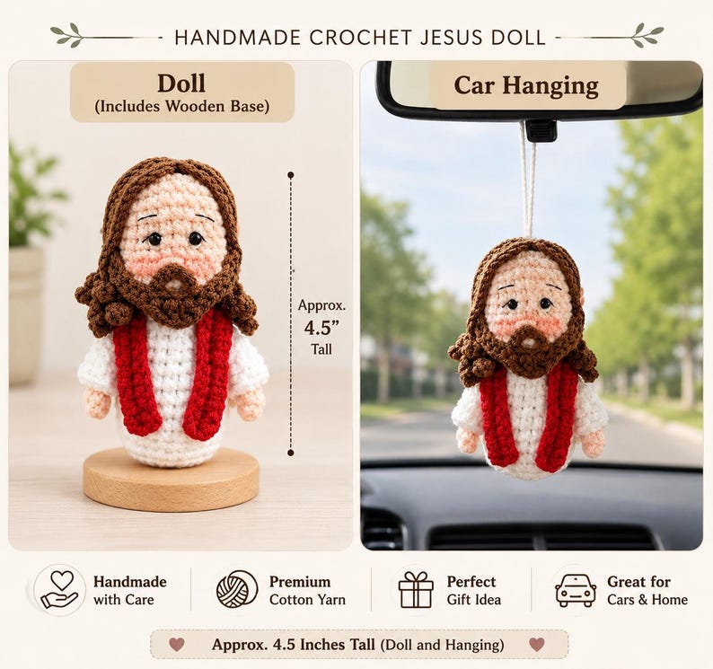 Crochet Jesus Car Hanging, Christian Rearview Mirror Hanging, Handmade Faith Gift, Jesus Amigurumi, Religious Gift, Church Friend Gift