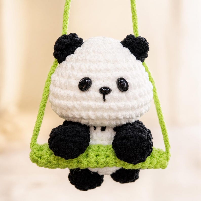 Handmade Crochet Panda Car Hanging Charm, Rearview Mirror Ornament, Cute Car Accessory, Small Gift for Her, Amigurumi Car Decor