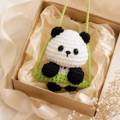 Handmade Crochet Panda Car Hanging Charm, Rearview Mirror Ornament, Cute Car Accessory, Small Gift for Her, Amigurumi Car Decor