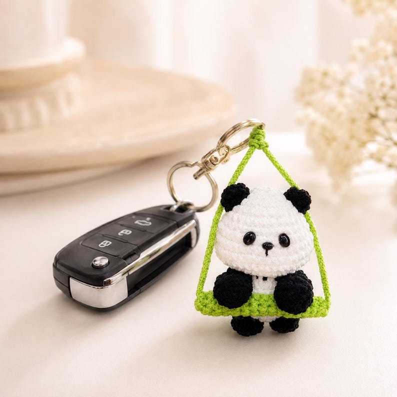Handmade Crochet Panda Car Hanging Charm, Rearview Mirror Ornament, Cute Car Accessory, Small Gift for Her, Amigurumi Car Decor