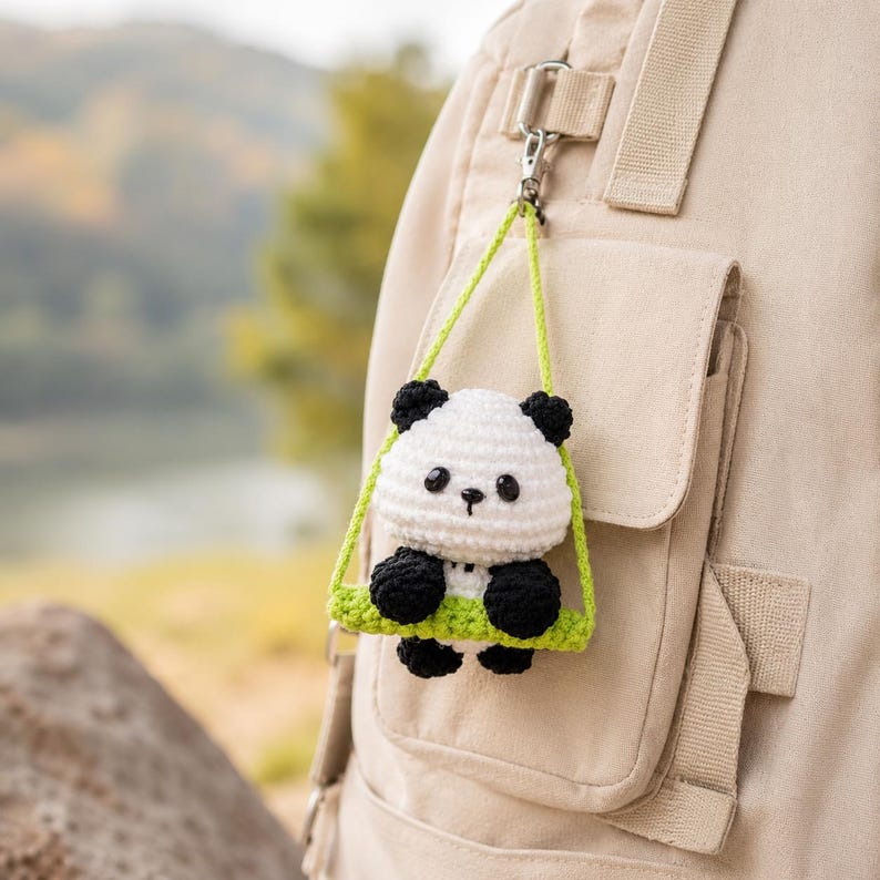 Handmade Crochet Panda Car Hanging Charm, Rearview Mirror Ornament, Cute Car Accessory, Small Gift for Her, Amigurumi Car Decor