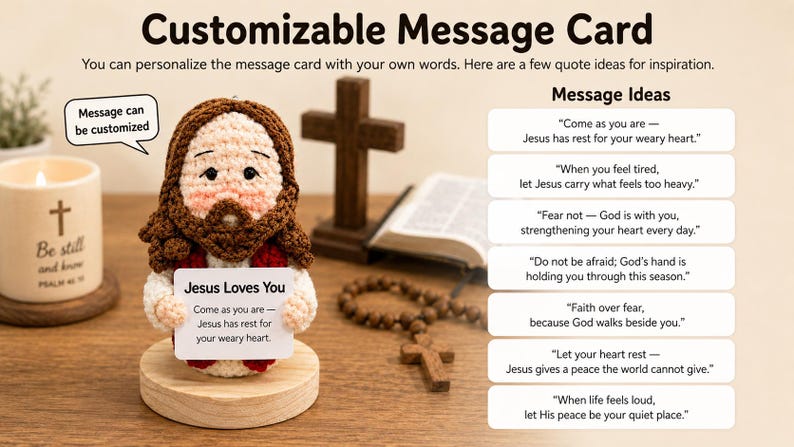 Crochet Jesus Doll with Custom Message Card - Handmade Jesus Amigurumi, Christian Encouragement Gift, Faith Gift, Church Friend Gift