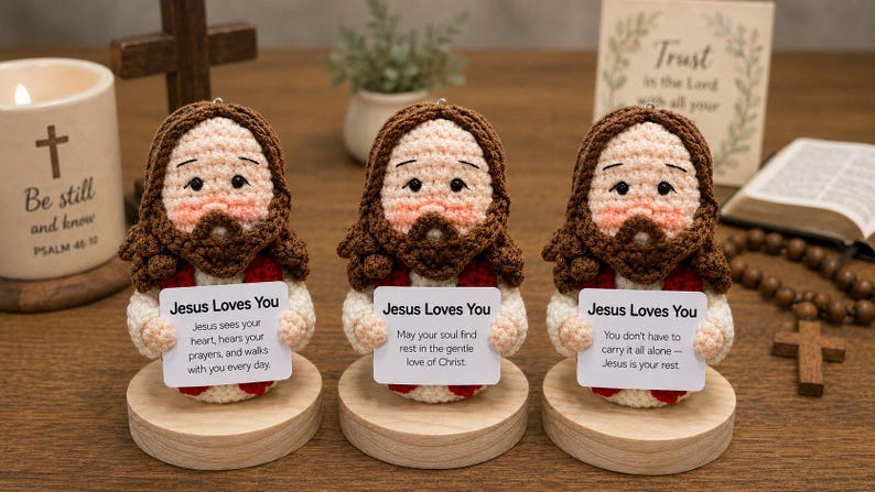 Crochet Jesus Doll with Custom Message Card - Handmade Jesus Amigurumi, Christian Encouragement Gift, Faith Gift, Church Friend Gift