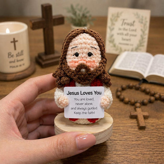 Crochet Jesus Doll with Custom Message Card - Handmade Jesus Amigurumi, Christian Encouragement Gift, Faith Gift, Church Friend Gift