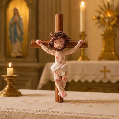 Handmade Crochet Jesus on the Cross - Amigurumi Crucifix Catholic Figurine Religious Home Altar Decor