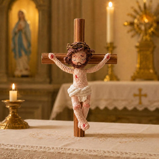 Handmade Crochet Jesus on the Cross - Amigurumi Crucifix Catholic Figurine Religious Home Altar Decor