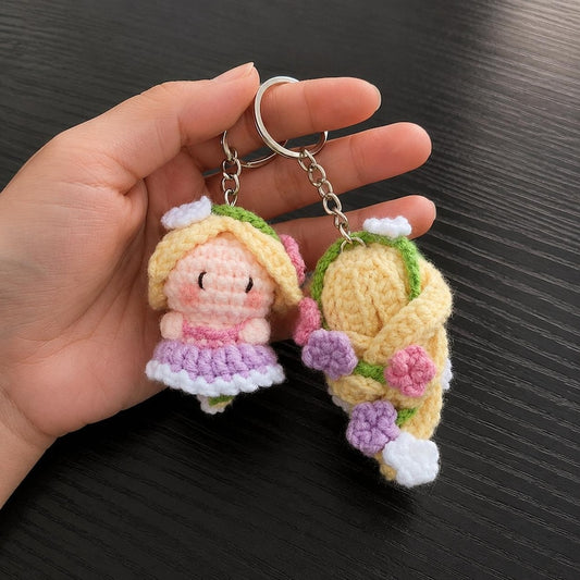 Long Blonde Hair Princess Crochet Keychain, Cartoon Amigurumi Doll, Golden Hair Fantasy Princess, Tower Girl, Gift for Her, Bag Charm