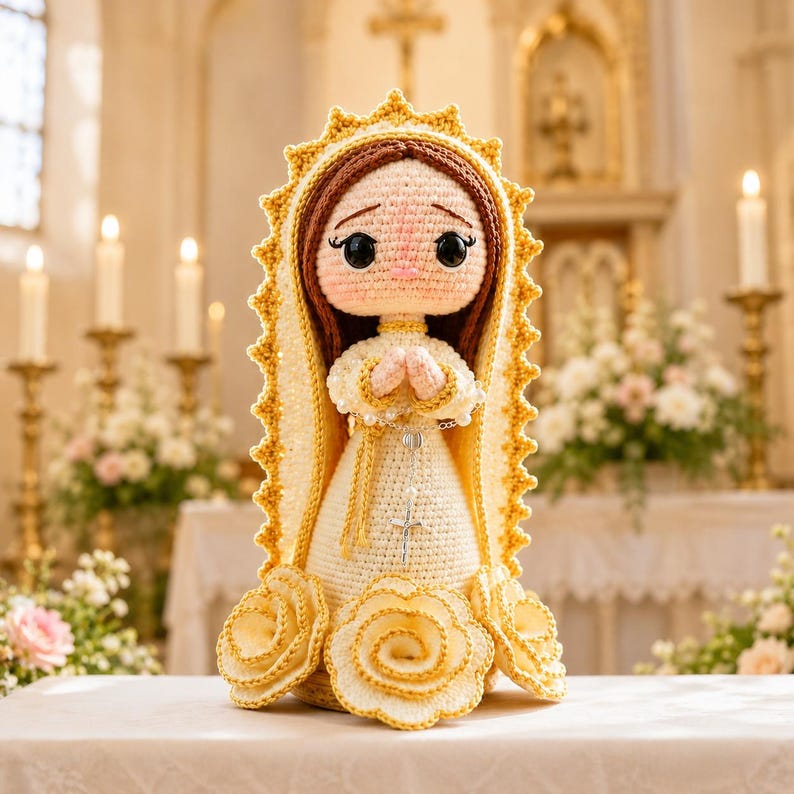 Handmade Virgin Mary Crochet Doll, Cream Gold Praying Our Lady Religious Decor