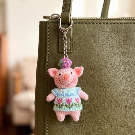 Artisan knit piglet sculpted pieces, yarn crafted statuettes, one-of-a-kind hobbyist souvenirs, household adornments, Yuletide indoor trims