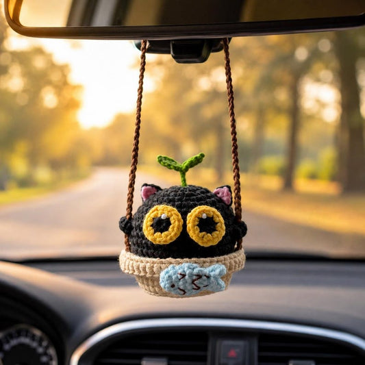 Soot Sprite Crochet Car Charm | Handmade Crochet Swing Ornament | Cute Amigurumi Car Mirror Decor