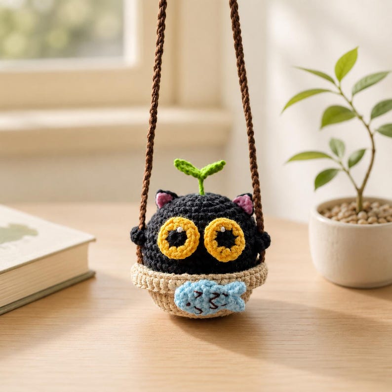Soot Sprite Crochet Car Charm | Handmade Crochet Swing Ornament | Cute Amigurumi Car Mirror Decor