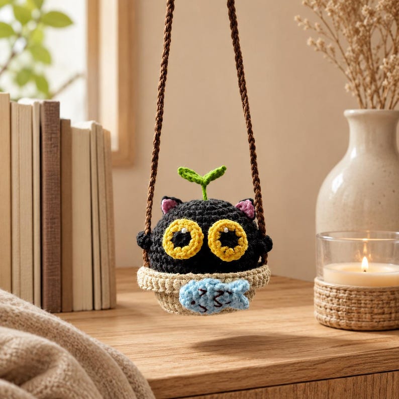Soot Sprite Crochet Car Charm | Handmade Crochet Swing Ornament | Cute Amigurumi Car Mirror Decor