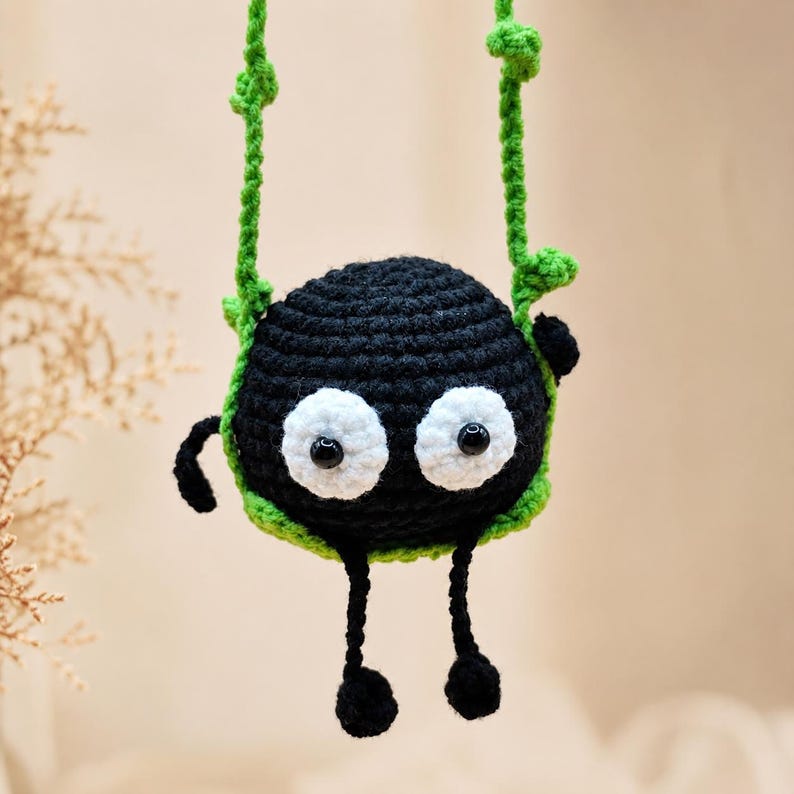 Soot Sprite Crochet Ornament | Handmade Car Mirror Charm | Kawaii Amigurumi Gift for Car Decor