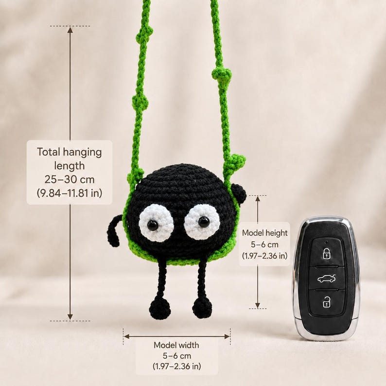 Soot Sprite Crochet Ornament | Handmade Car Mirror Charm | Kawaii Amigurumi Gift for Car Decor