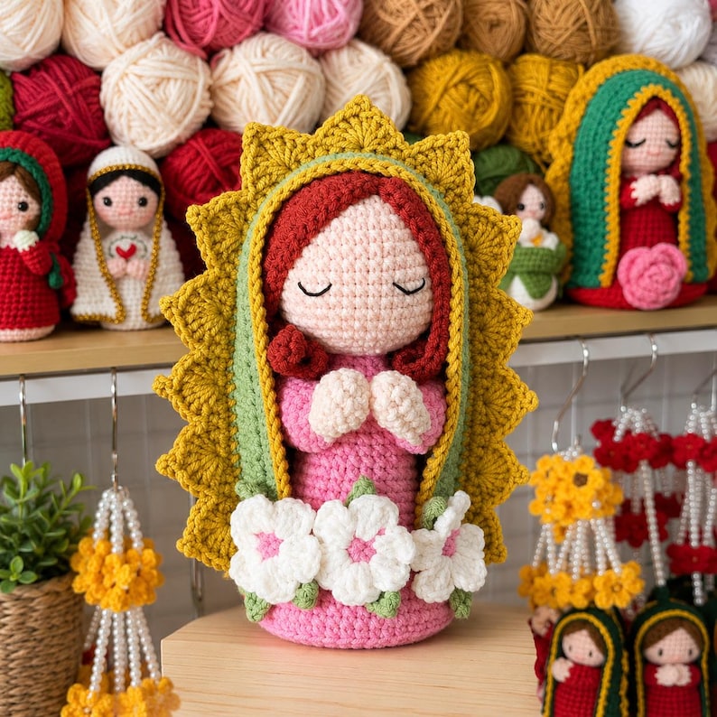Our Lady of Guadalupe Crochet Doll, Floral Catholic Altar Decor, Prayer Gift for Mom