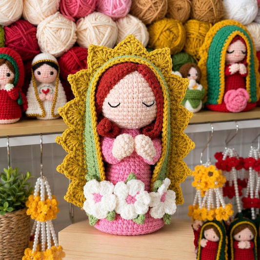 Our Lady of Guadalupe Crochet Doll, Floral Catholic Altar Decor, Prayer Gift for Mom