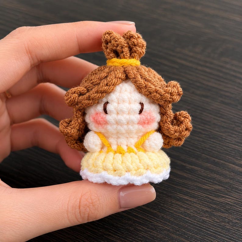 Yellow Dress Princess Crochet Keychain | Handmade Amigurumi Fairytale Brown Hair Princess, Enchanted Rose Girl, Cute Gift for Her