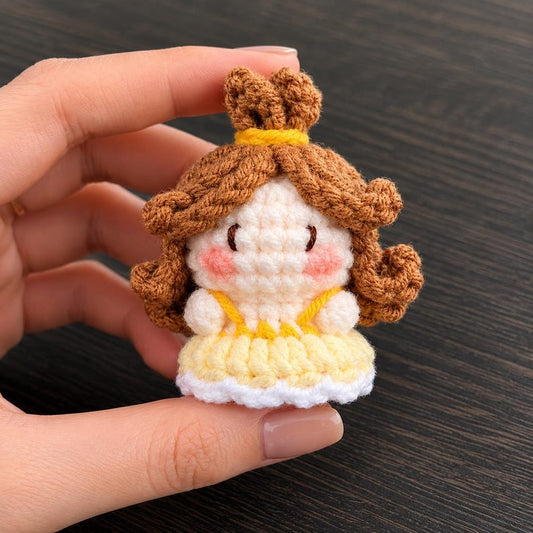 Yellow Dress Princess Crochet Keychain | Handmade Amigurumi Fairytale Brown Hair Princess, Enchanted Rose Girl, Cute Gift for Her