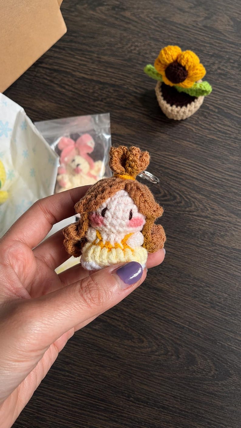 Yellow Dress Princess Crochet Keychain | Handmade Amigurumi Fairytale Brown Hair Princess, Enchanted Rose Girl, Cute Gift for Her