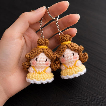 Yellow Dress Princess Crochet Keychain | Handmade Amigurumi Fairytale Brown Hair Princess, Enchanted Rose Girl, Cute Gift for Her