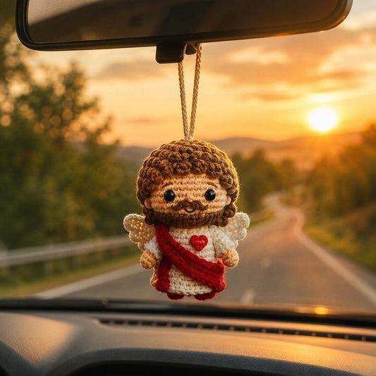 Sacred Heart Jesus Car Hanging, Crochet Rearview Mirror Charm, Handmade Catholic Car Ornament, Christian Driver Gift